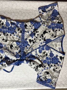 Sussan White Top with Blue Floral and Black Scroll Print
